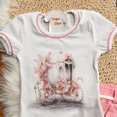 Conj. Blusa Carruagem e Short em Moletinho - Rosa e Branco